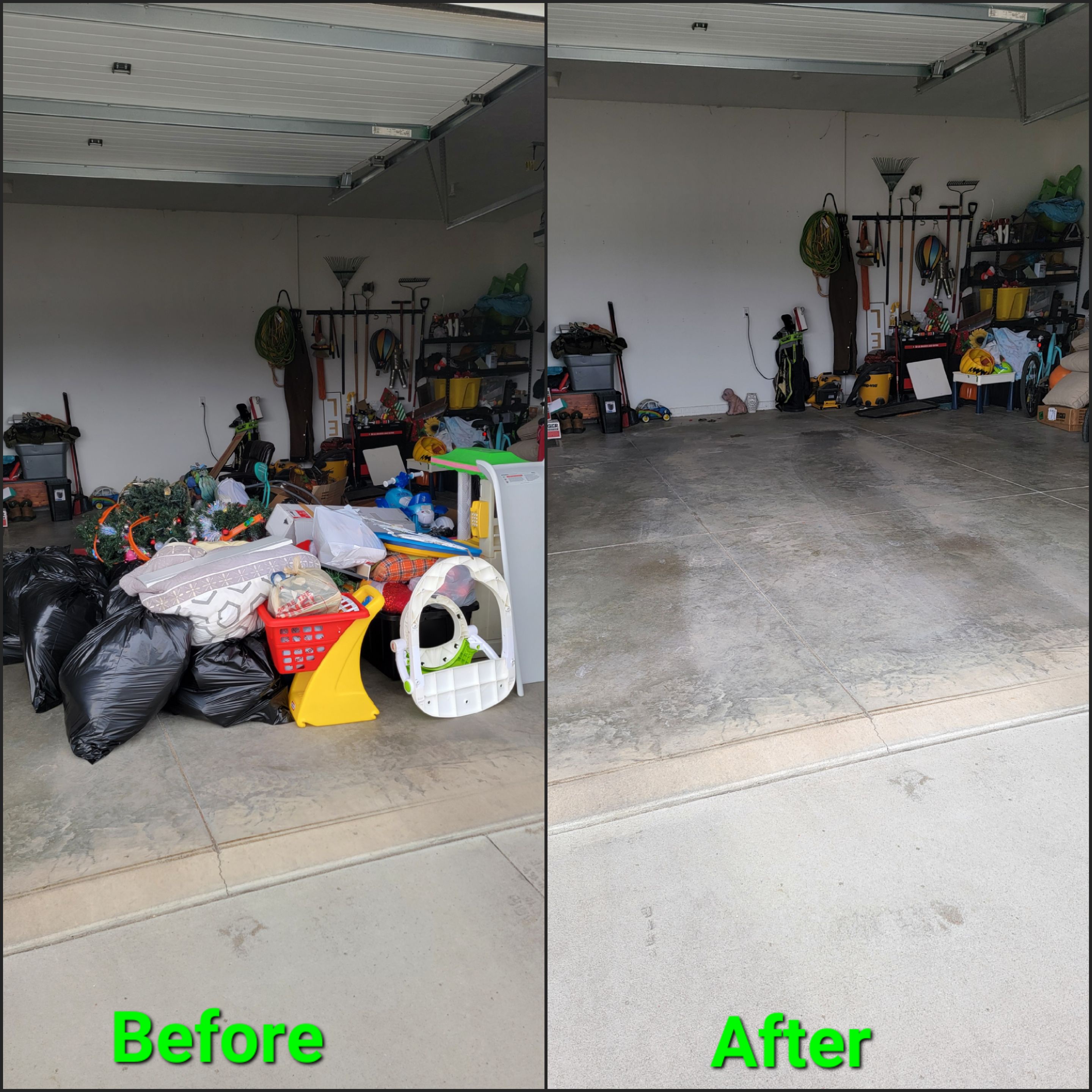 Side-by-side before and after photo of a garage cleaned by The G.O.A.T. team